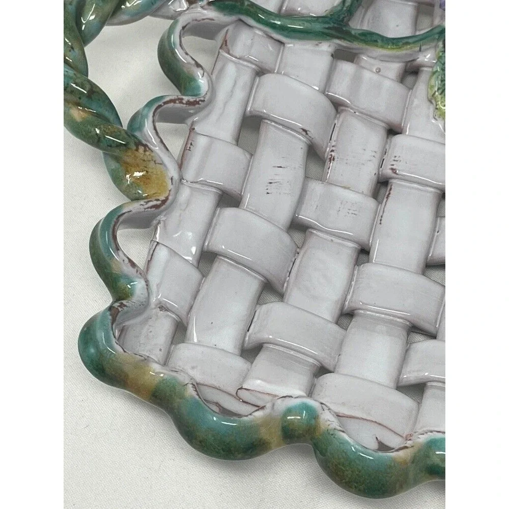 Vtg Italian Majolica Weave‎ Ceramic Decorative Tray Floral